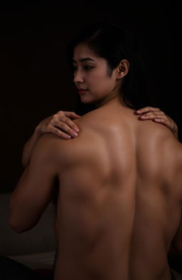 A sensual scene featuring a sexy Asian woman massaging a muscular white man's back