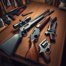 A highly detailed illustration of various firearms laid out on a wooden table