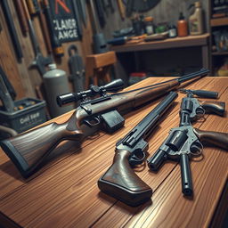 A highly detailed illustration of various firearms laid out on a wooden table