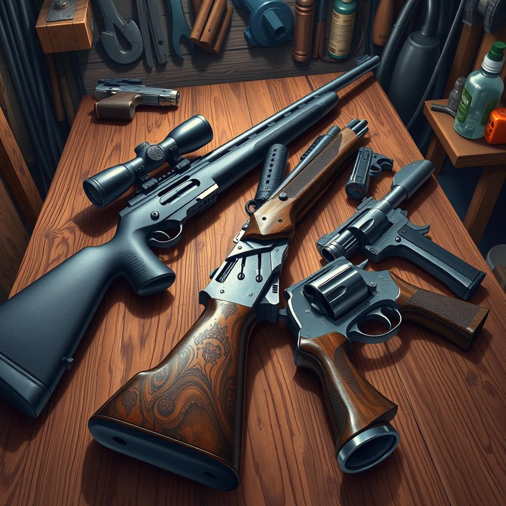 A highly detailed illustration of various firearms laid out on a wooden table