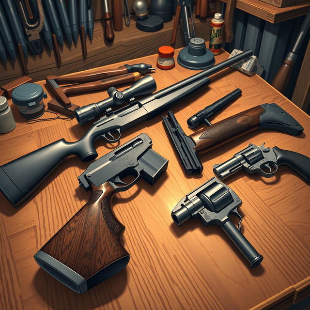 A highly detailed illustration of various firearms laid out on a wooden table