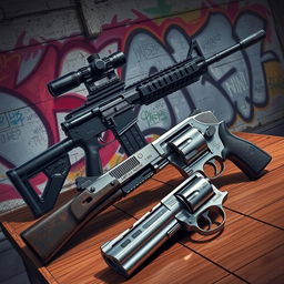 A detailed illustration of a variety of modern firearms displayed artistically against an urban backdrop