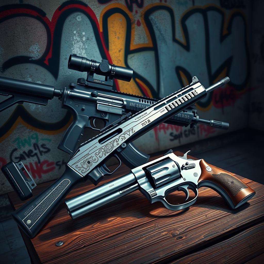 A detailed illustration of a variety of modern firearms displayed artistically against an urban backdrop