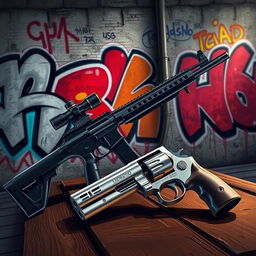A detailed illustration of a variety of modern firearms displayed artistically against an urban backdrop