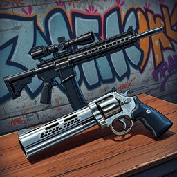 A detailed illustration of a variety of modern firearms displayed artistically against an urban backdrop