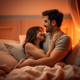 A romantic scene in a cozy bedroom, featuring a man and his love sharing an intimate moment