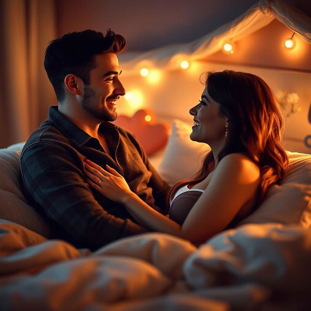 A romantic scene in a cozy bedroom, featuring a man and his love sharing an intimate moment