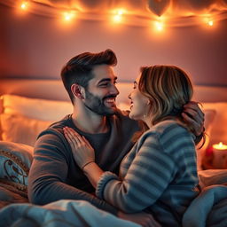 A romantic scene in a cozy bedroom, featuring a man and his love sharing an intimate moment
