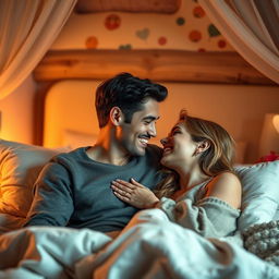 A romantic scene in a cozy bedroom, featuring a man and his love sharing an intimate moment