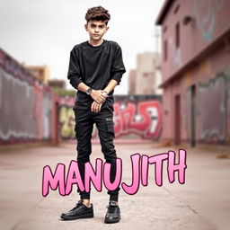 A casual, street-style fashion depiction of a teenage boy wearing black pants, black shoes, and a black jersey