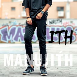 A casual, street-style fashion depiction of a teenage boy wearing black pants, black shoes, and a black jersey