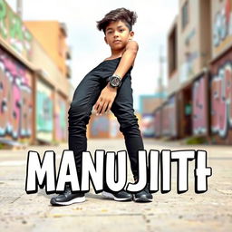 A casual, street-style fashion depiction of a teenage boy wearing black pants, black shoes, and a black jersey