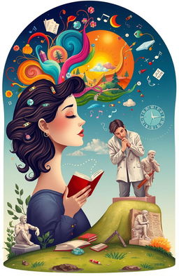 A conceptual illustration of a woman deeply engaged in her creative imagination, surrounded by colorful, swirling thought patterns, artistic elements like paintbrushes, musical notes, and dreamy landscapes emerging from her mind