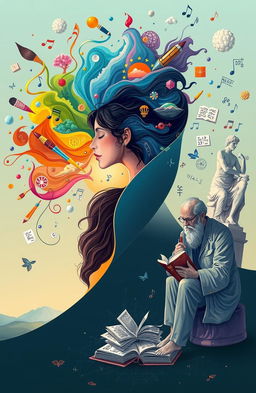 A conceptual illustration of a woman deeply engaged in her creative imagination, surrounded by colorful, swirling thought patterns, artistic elements like paintbrushes, musical notes, and dreamy landscapes emerging from her mind