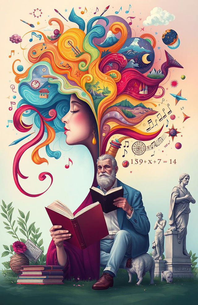 A conceptual illustration of a woman deeply engaged in her creative imagination, surrounded by colorful, swirling thought patterns, artistic elements like paintbrushes, musical notes, and dreamy landscapes emerging from her mind