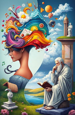A conceptual illustration of a woman deeply engaged in her creative imagination, surrounded by colorful, swirling thought patterns, artistic elements like paintbrushes, musical notes, and dreamy landscapes emerging from her mind