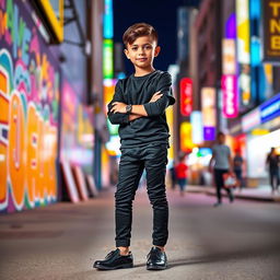 An image of a young boy standing confidently, wearing stylish black pants, coordinating black shoes, and a sleek black jersey