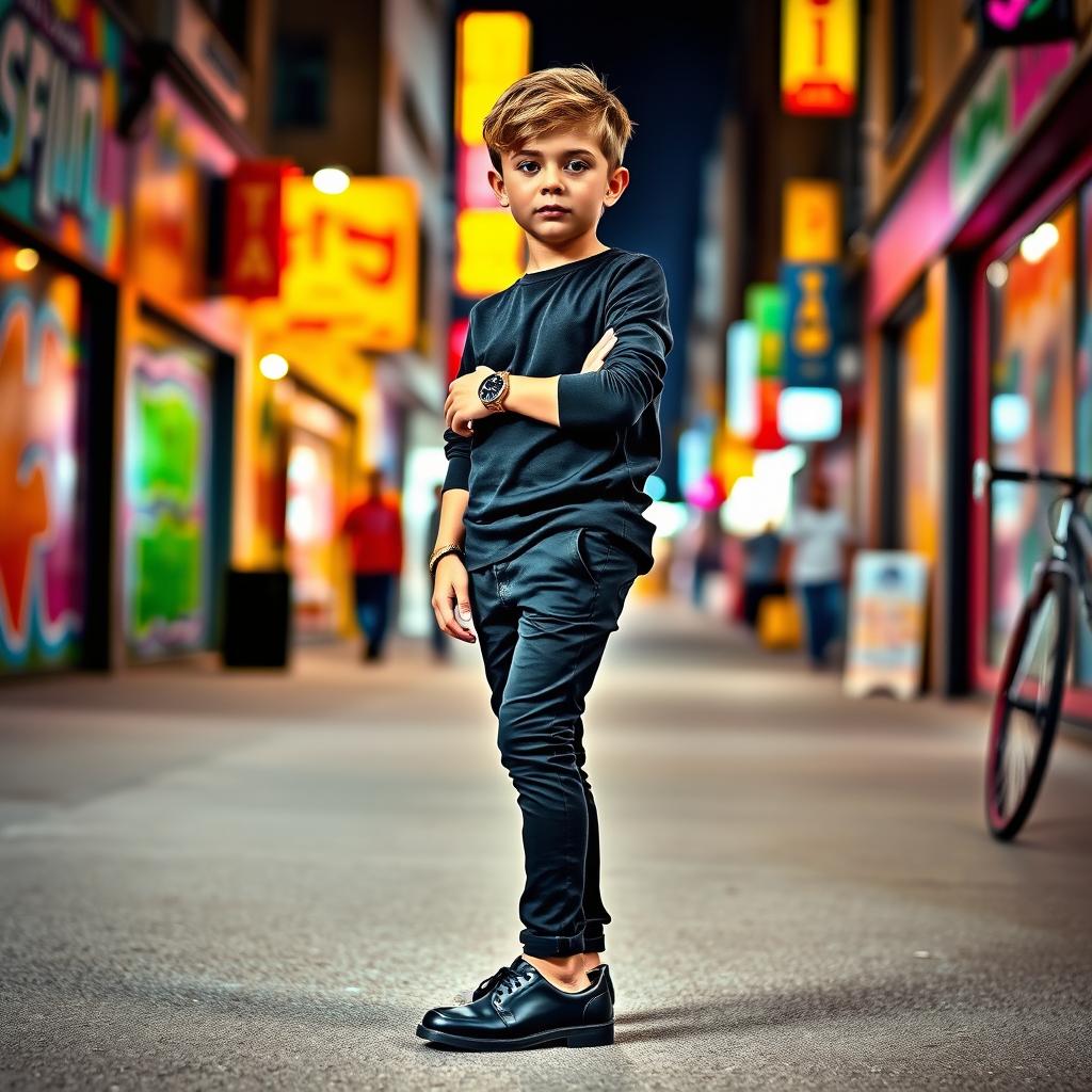 An image of a young boy standing confidently, wearing stylish black pants, coordinating black shoes, and a sleek black jersey