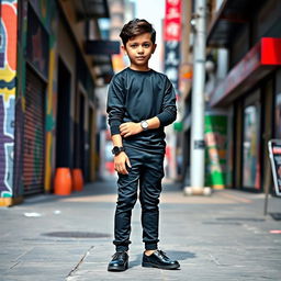 An image of a young boy standing confidently, wearing stylish black pants, coordinating black shoes, and a sleek black jersey
