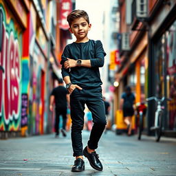 An image of a young boy standing confidently, wearing stylish black pants, coordinating black shoes, and a sleek black jersey