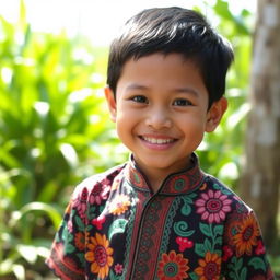 A young boy named Anggik wearing a traditional batik shirt, smiling joyfully