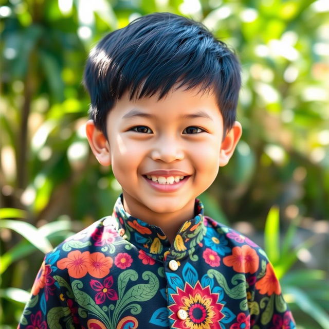 A young boy named Anggik wearing a traditional batik shirt, smiling joyfully