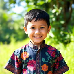 A young boy named Anggik wearing a traditional batik shirt, smiling joyfully