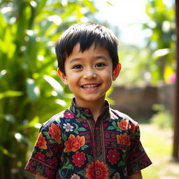 A young boy named Anggik wearing a traditional batik shirt, smiling joyfully