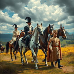 A surreal and thought-provoking scene depicting servants riding magnificent horses, adorned in elegant attire, symbolizing their status and nobility
