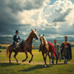 A surreal and thought-provoking scene depicting servants riding magnificent horses, adorned in elegant attire, symbolizing their status and nobility