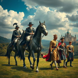 A surreal and thought-provoking scene depicting servants riding magnificent horses, adorned in elegant attire, symbolizing their status and nobility
