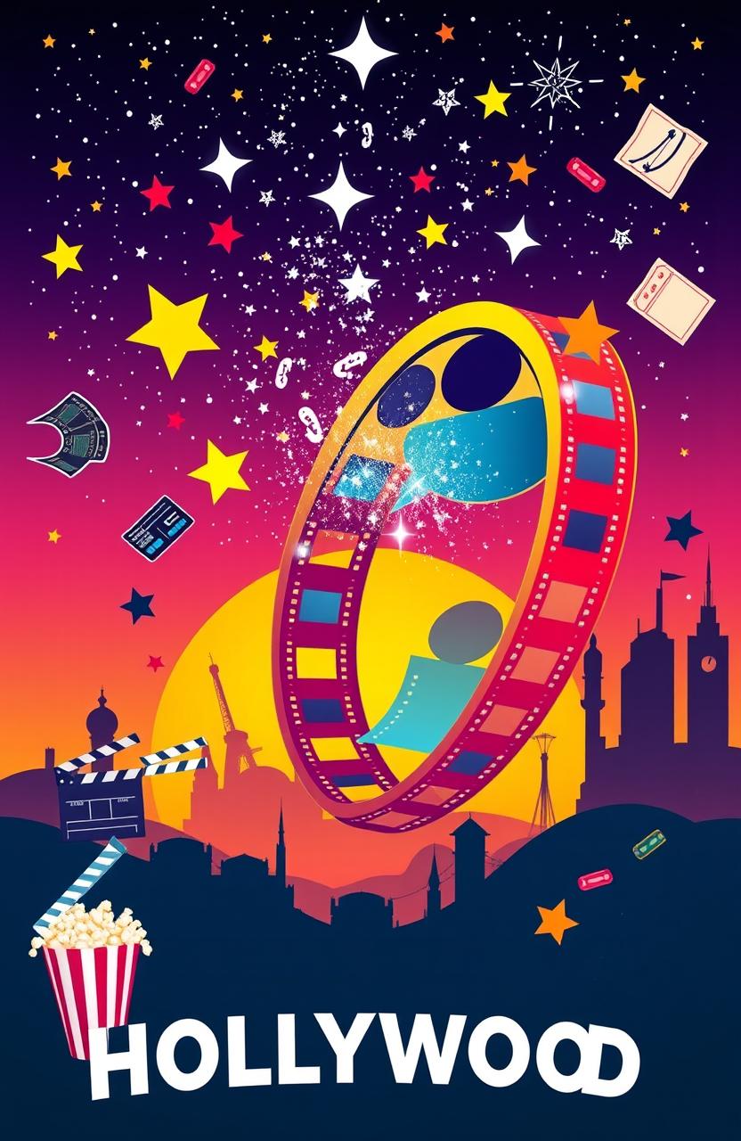 A vibrant and dynamic movie-themed artwork, featuring a film reel unwinding into a stunning starry sky, surrounded by iconic film icons like clapperboards, popcorn buckets, and movie tickets