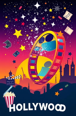 A vibrant and dynamic movie-themed artwork, featuring a film reel unwinding into a stunning starry sky, surrounded by iconic film icons like clapperboards, popcorn buckets, and movie tickets