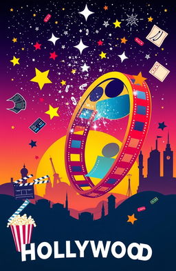 A vibrant and dynamic movie-themed artwork, featuring a film reel unwinding into a stunning starry sky, surrounded by iconic film icons like clapperboards, popcorn buckets, and movie tickets