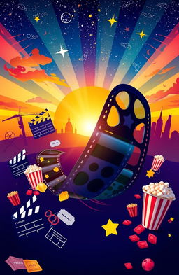 A vibrant and dynamic movie-themed artwork, featuring a film reel unwinding into a stunning starry sky, surrounded by iconic film icons like clapperboards, popcorn buckets, and movie tickets