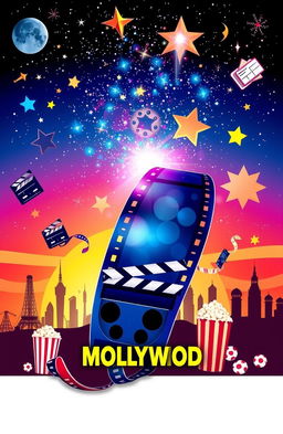 A vibrant and dynamic movie-themed artwork, featuring a film reel unwinding into a stunning starry sky, surrounded by iconic film icons like clapperboards, popcorn buckets, and movie tickets