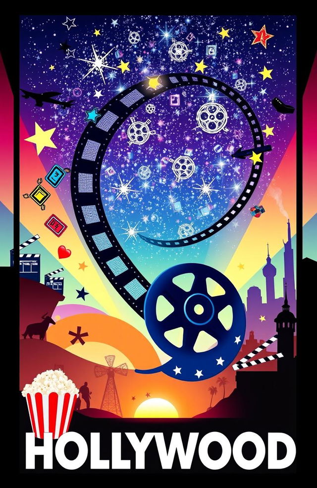 A vibrant and dynamic movie-themed artwork, featuring a film reel unwinding into a stunning starry sky, surrounded by iconic film icons like clapperboards, popcorn buckets, and movie tickets