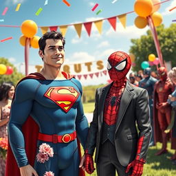 A whimsical and colorful scene depicting Superman and Spider-Man at a wedding celebration
