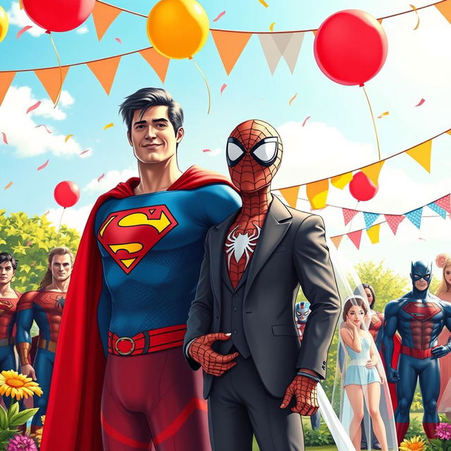 A whimsical and colorful scene depicting Superman and Spider-Man at a wedding celebration