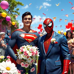A whimsical and colorful scene depicting Superman and Spider-Man at a wedding celebration