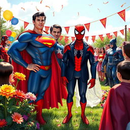 A whimsical and colorful scene depicting Superman and Spider-Man at a wedding celebration