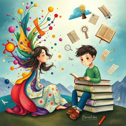A whimsical illustration juxtaposing a woman immersed in her vibrant imagination, surrounded by colorful creative elements such as paint splashes, whimsical shapes, and dream-like landscapes