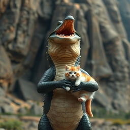 A humanoid crocodile is standing and laughing joyfully while holding a cat, facing the camera