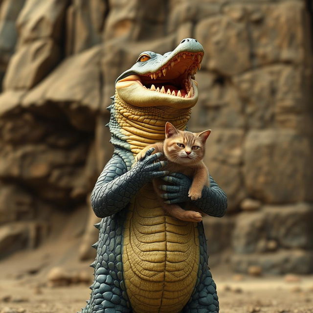 A humanoid crocodile is standing and laughing joyfully while holding a cat, facing the camera