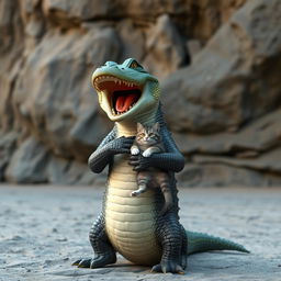 A humanoid crocodile is standing and laughing joyfully while holding a cat, facing the camera