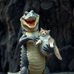 A humanoid crocodile is standing and laughing joyfully while holding a cat, facing the camera