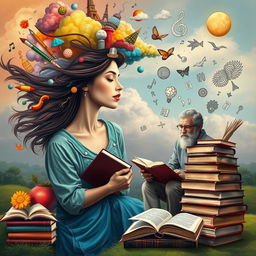 A captivating scene contrasting a woman immersed in her vibrant imagination and a man deeply engaged with his philosophy books