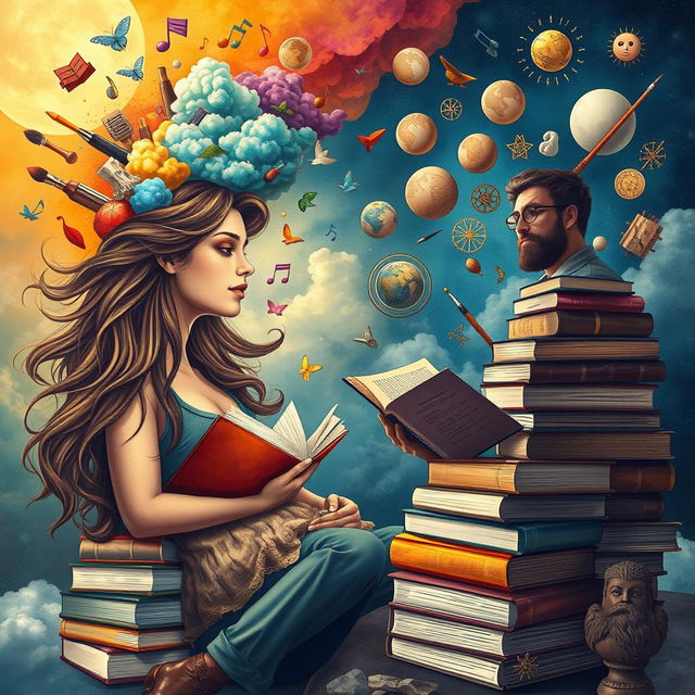 A captivating scene contrasting a woman immersed in her vibrant imagination and a man deeply engaged with his philosophy books