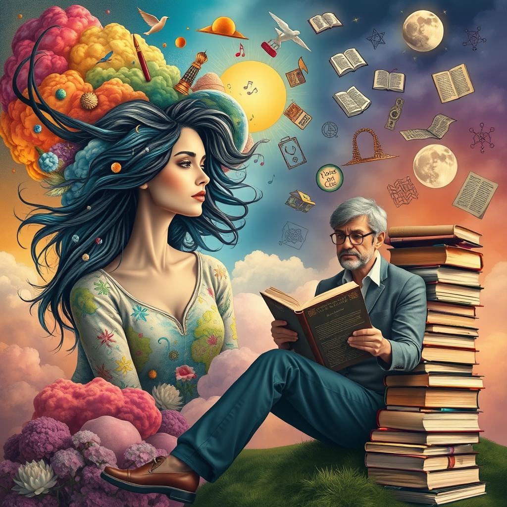 A captivating scene contrasting a woman immersed in her vibrant imagination and a man deeply engaged with his philosophy books