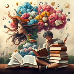 A captivating scene contrasting a woman immersed in her vibrant imagination and a man deeply engaged with his philosophy books